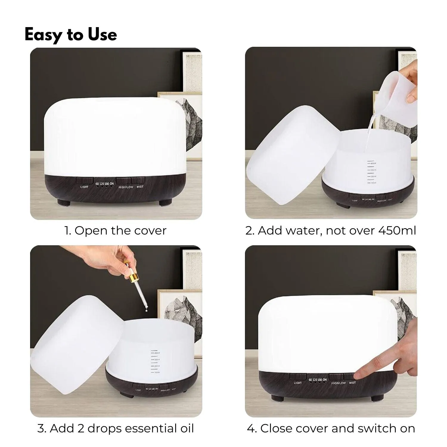 5-in-1 LED Aromatherapy Essential Oil Diffuser | 500ml | Dark Wood Base