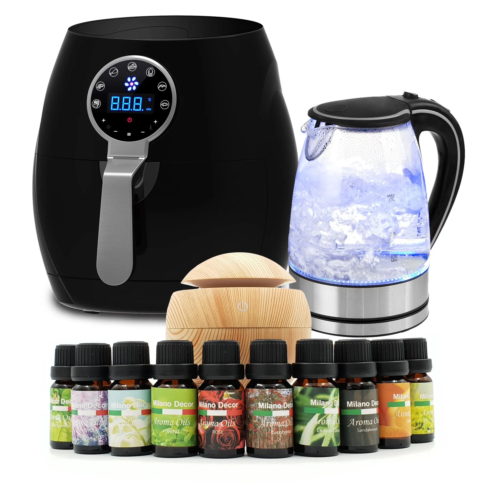 5 Litre Air Fryer | Black   1.7 Litre Kettle   USB Light Wood Diffuser | Package Set