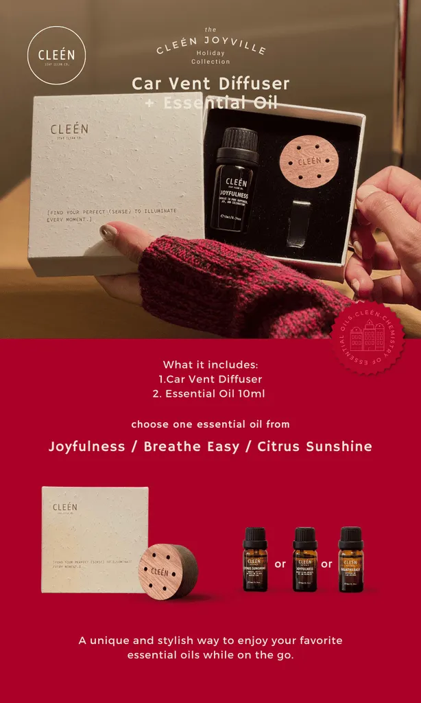 CLEEN Gift Set: Car Vent Diffuser with Essential Oil Bundle