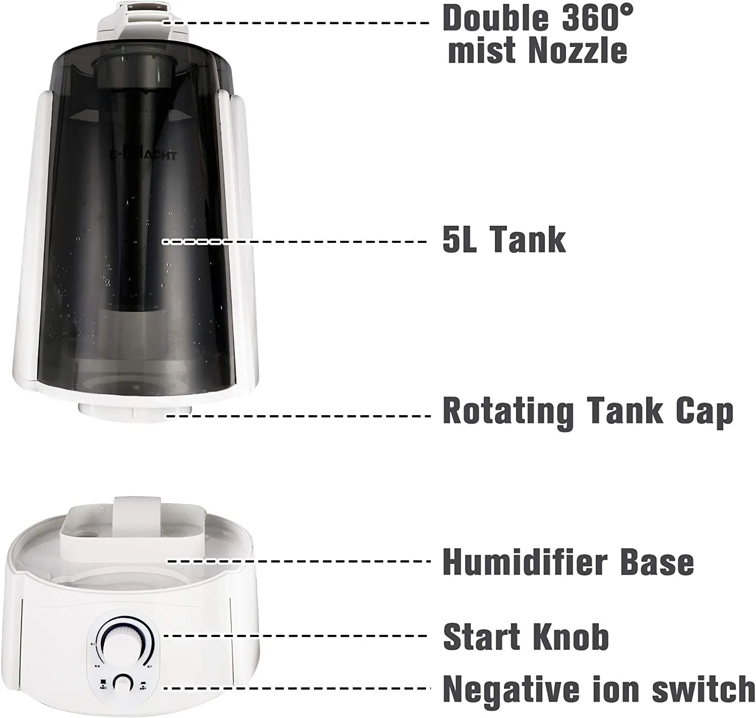 E-Macht Quiet Ultrasonic Cool Mist Humidifier 5L w/ Auto Shut-Off Adjustable Mist Output Double 360°Nozzle Negative Ion, Black