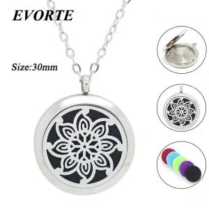 Essential oil diffuser Lotus pendant 25mm 30mm magnetic silver stainless locket necklace