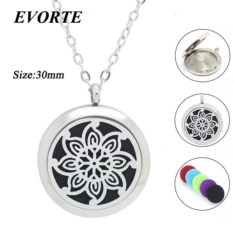 Essential oil diffuser Lotus pendant 25mm 30mm magnetic silver stainless locket necklace