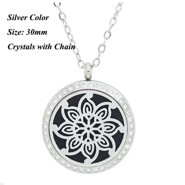 Essential oil diffuser Lotus pendant 25mm 30mm magnetic silver stainless locket necklace